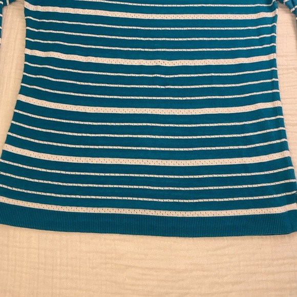 Talbots Teal White Striped Linen Blend 3/4 Length Sweater Shirt Medium Petite - Picture 7 of 16